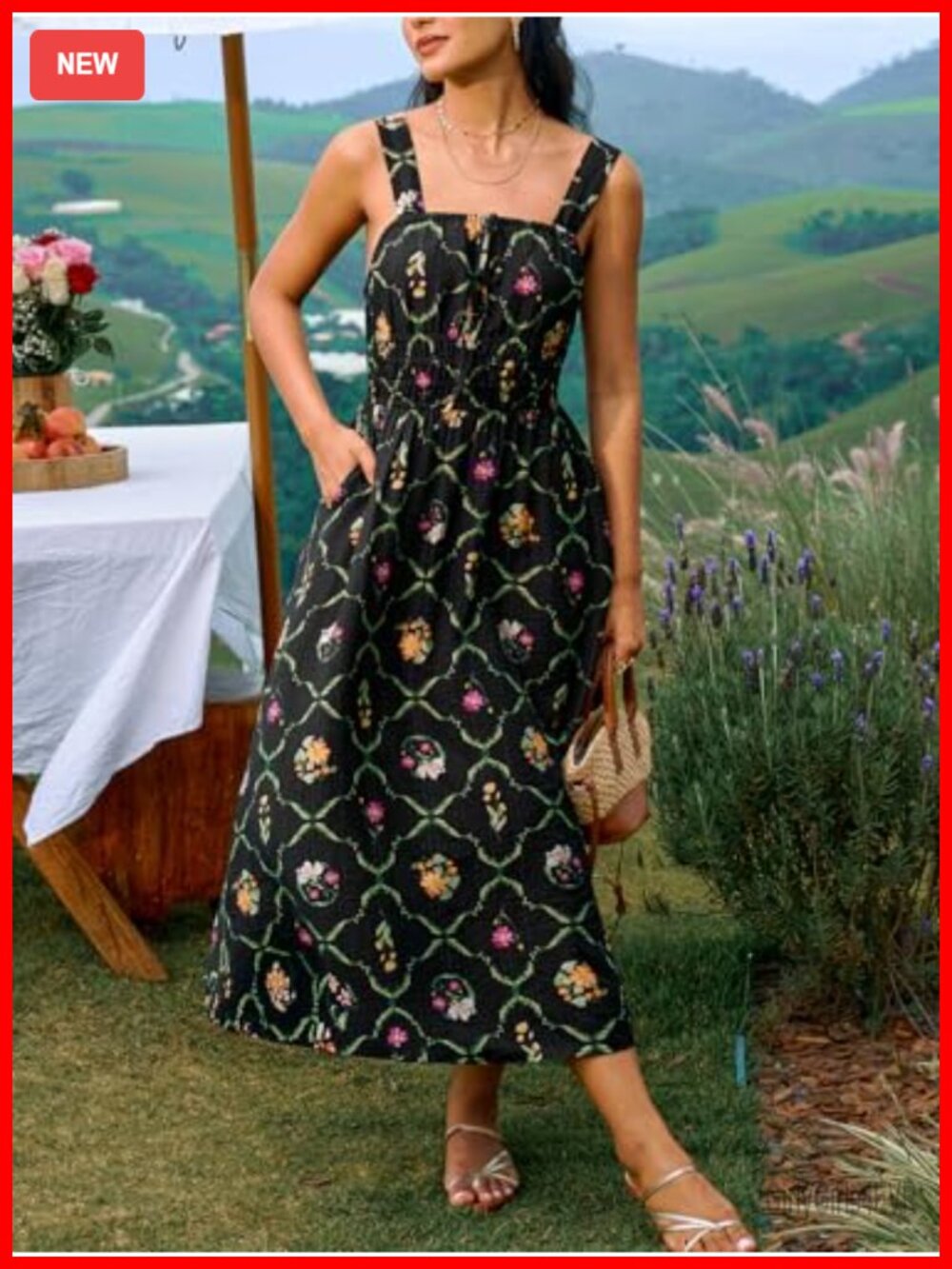 Backless Square Neck Smocked Waist Midi Dress with Pockets - Picture 7 of 7